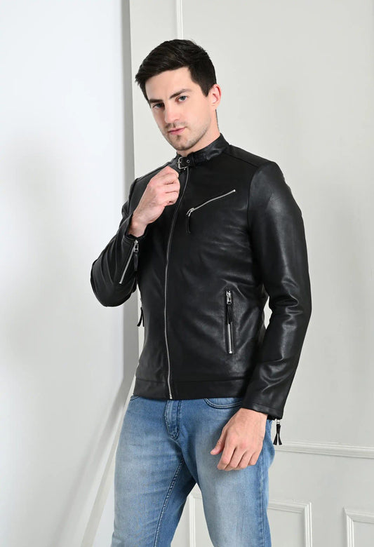 Moon Walker Fashions Mandarin Collar Water Resistant Leather Lightweight Bomber Jacket