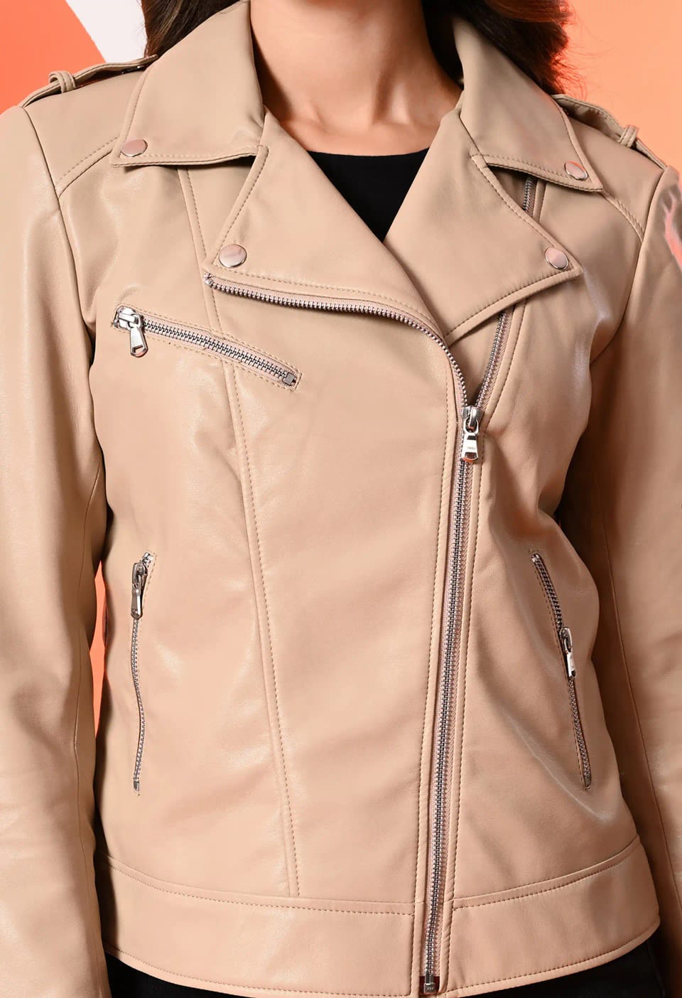 Moon Walker Fashions Lightweight Beige Leather Biker Jacket