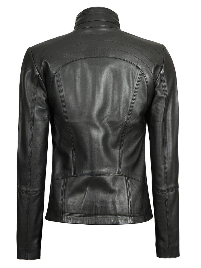 Moon Walker Fashions Acerra Women's Black Leather Café Racer Biker Jacket