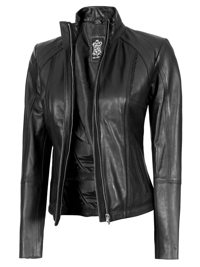 Moon Walker Fashions Acerra Women's Black Leather Café Racer Biker Jacket