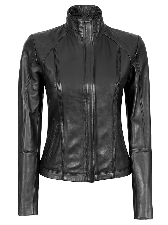 Moon Walker Fashions Acerra Women's Black Leather Café Racer Biker Jacket