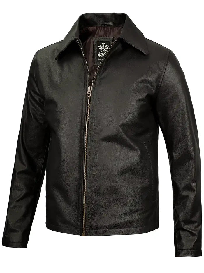 Moon Walker Fashions Men's Black Shirt Collar Cowhide Leather Jacket