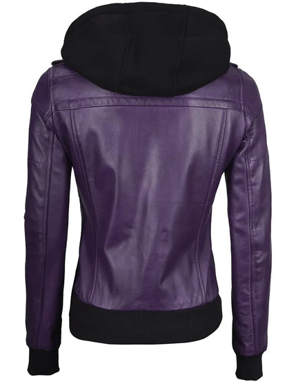 Moon Walker Fashions Purple Hooded Leather Bomber Jacket