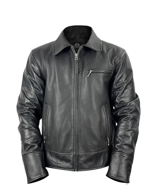 Moon Walker Fashions Men Black Leather Harrington Jacket