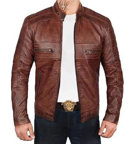 Moon Walker Fashions Men Brown Distressed Biker Jacket