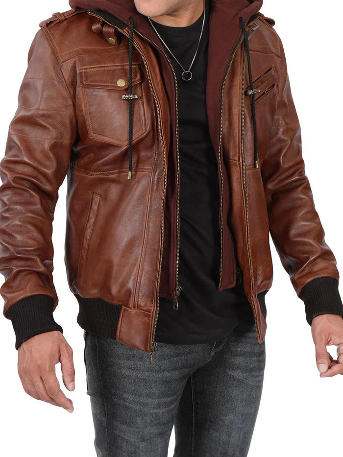 Moon Walker Fashions Edinburgh Men's Bomber Brown Leather Jacket With Removable Hooded