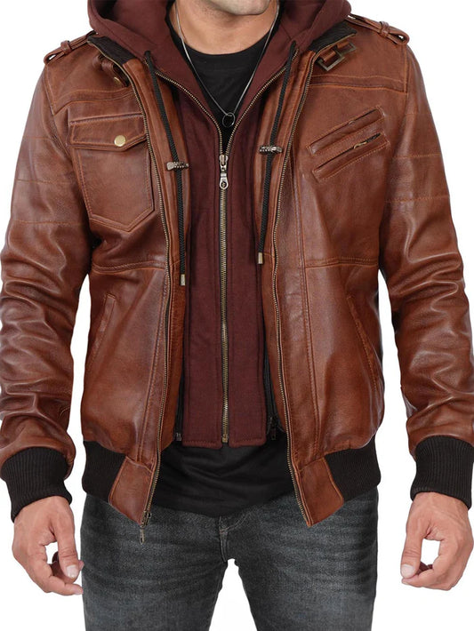 Moon Walker Fashions Edinburgh Men's Bomber Brown Leather Jacket With Removable Hooded