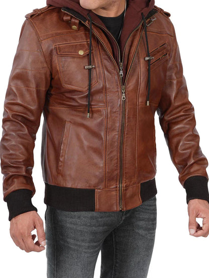 Moon Walker Fashions Edinburgh Men's Bomber Brown Leather Jacket With Removable Hooded