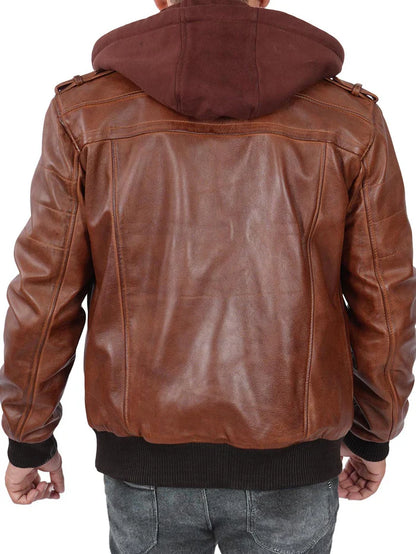 Moon Walker Fashions Edinburgh Men's Bomber Brown Leather Jacket With Removable Hooded