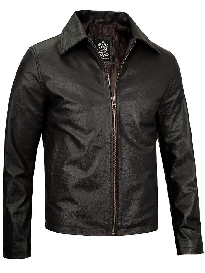 Moon Walker Fashions Men's Black Shirt Collar Cowhide Leather Jacket