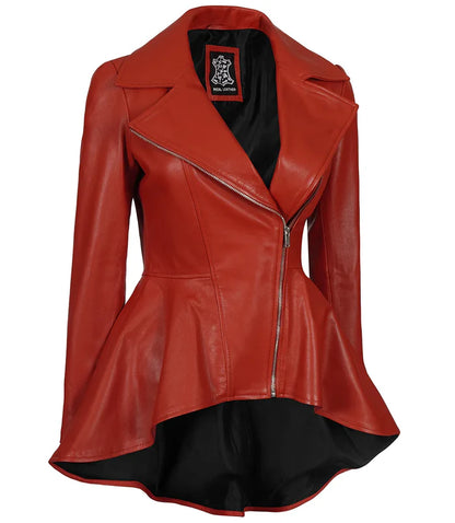 Moon Walker Fashions Women's Red Asymmetrical Peplum Leather Jacket