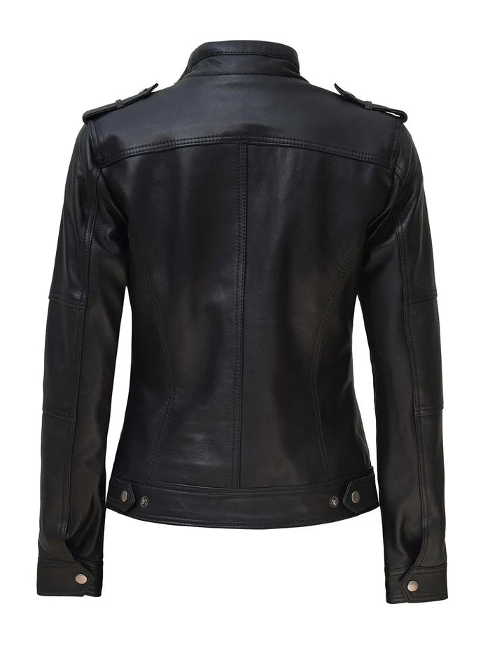 Moon Walker Fashions Tavares Women's Black Café Racer Leather Jacket