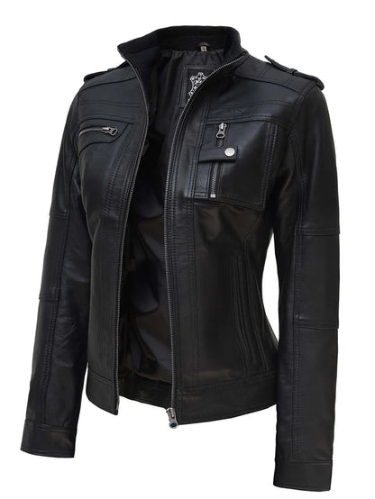 Moon Walker Fashions Tavares Women's Black Café Racer Leather Jacket