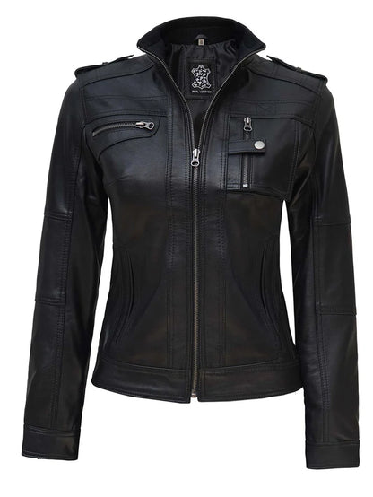 Moon Walker Fashions Tavares Women's Black Café Racer Leather Jacket