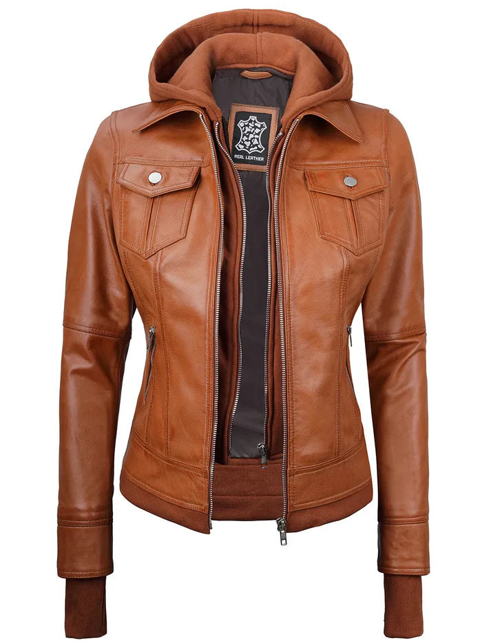 Moon Walker Fashions  Tralee Women's Tan Wax Bomber Leather Jacket With Hood