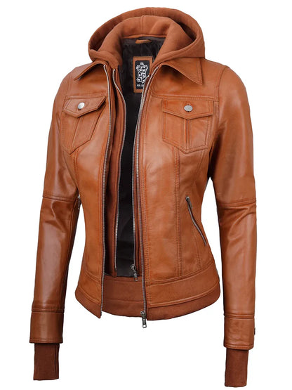 Moon Walker Fashions  Tralee Women's Tan Wax Bomber Leather Jacket With Hood