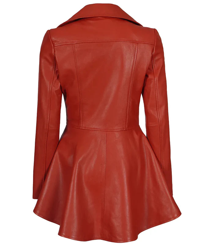 Moon Walker Fashions Women's Red Asymmetrical Peplum Leather Jacket