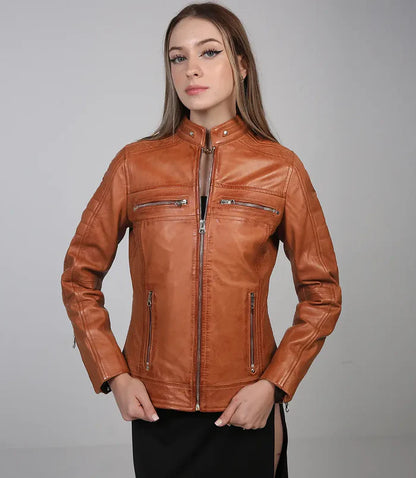 Moon Walker Fashions Austin Tan Motorcycle Leather Jacket for Women's