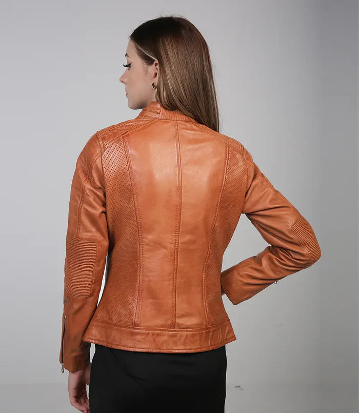 Moon Walker Fashions Austin Tan Motorcycle Leather Jacket for Women's