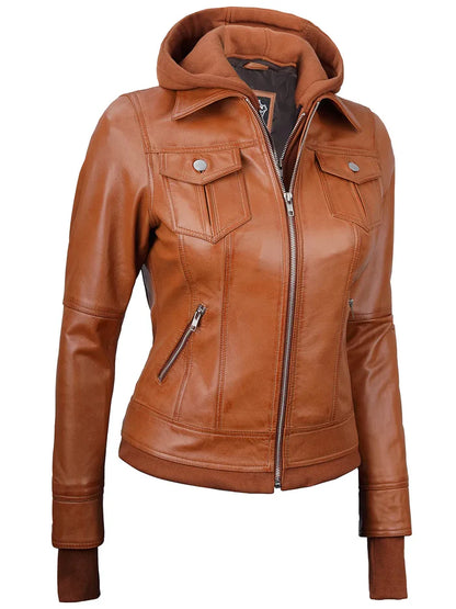 Moon Walker Fashions  Tralee Women's Tan Wax Bomber Leather Jacket With Hood