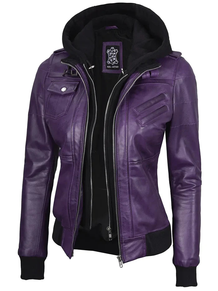 Moon Walker Fashions Purple Hooded Leather Bomber Jacket