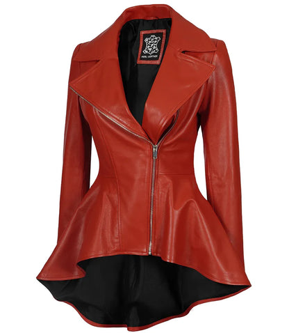 Moon Walker Fashions Women's Red Asymmetrical Peplum Leather Jacket