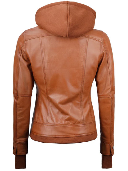 Moon Walker Fashions  Tralee Women's Tan Wax Bomber Leather Jacket With Hood