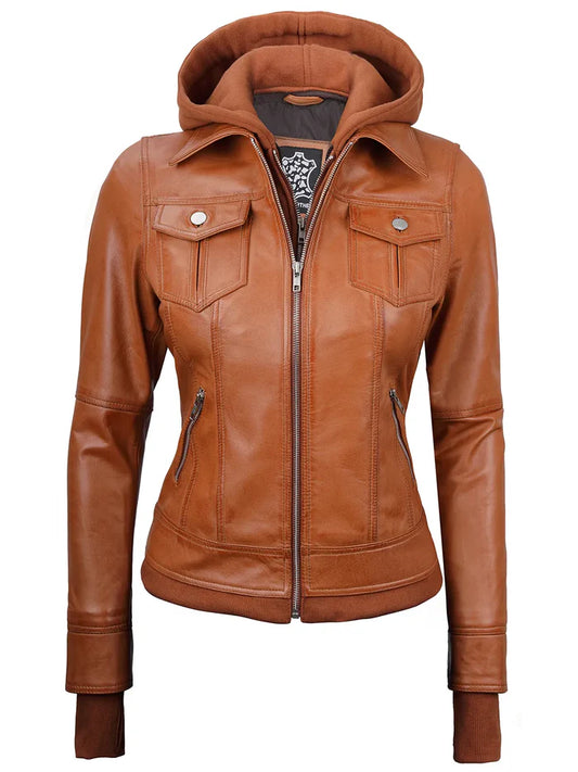 Moon Walker Fashions  Tralee Women's Tan Wax Bomber Leather Jacket With Hood