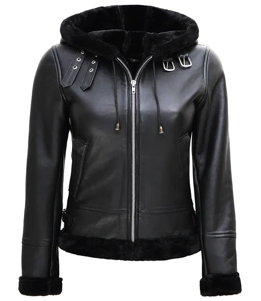 Moon Walker Fashions Women's Black Real Leather Hooded Shearling Jacket