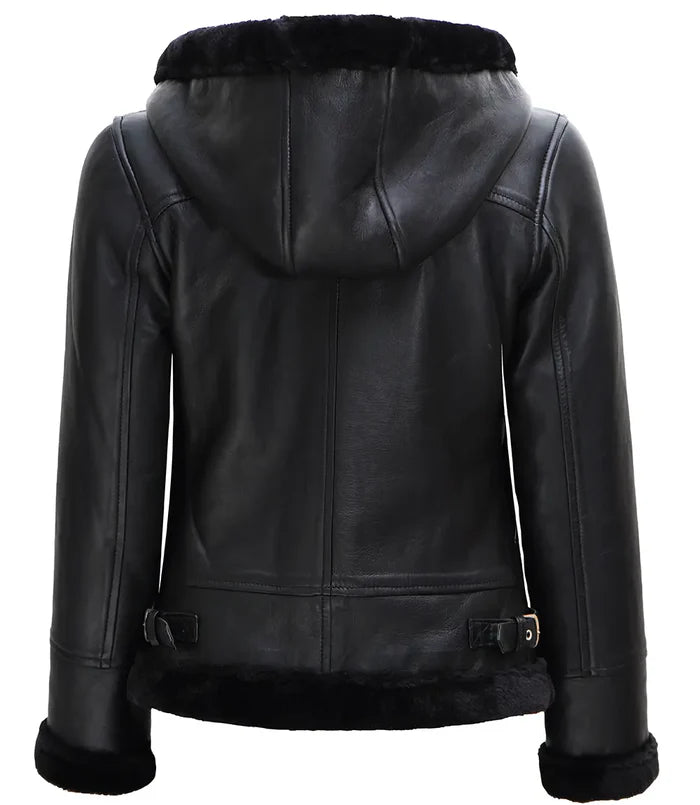 Moon Walker Fashions Women's Black Real Leather Hooded Shearling Jacket