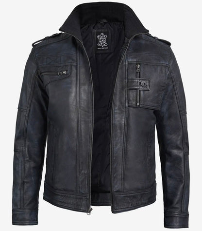 Moon Walker Fashion Tavares Men's Distressed Black Leather Biker Jacket