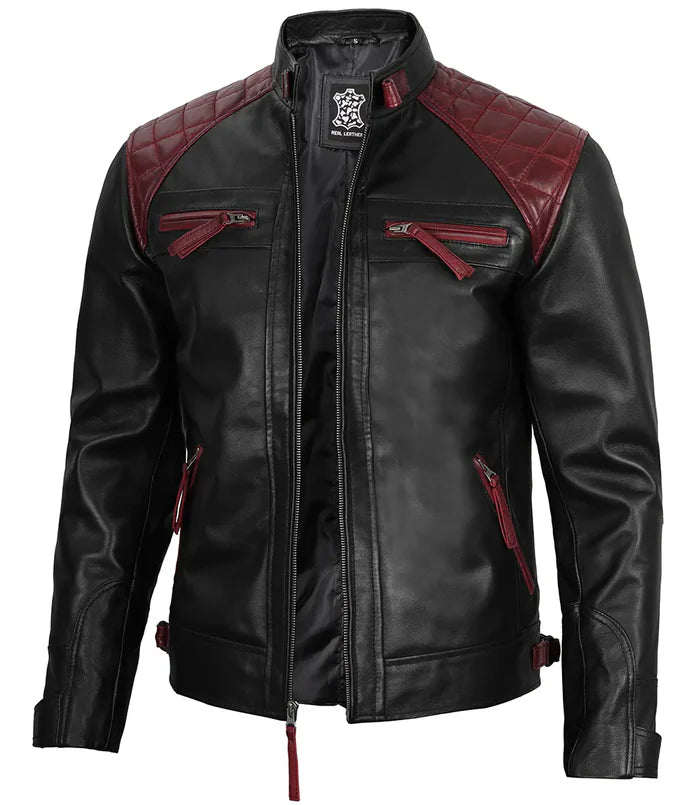 Moon Walker Fashions Rollins Men's Black and Maroon Quilted Café Racer Leather Jacket