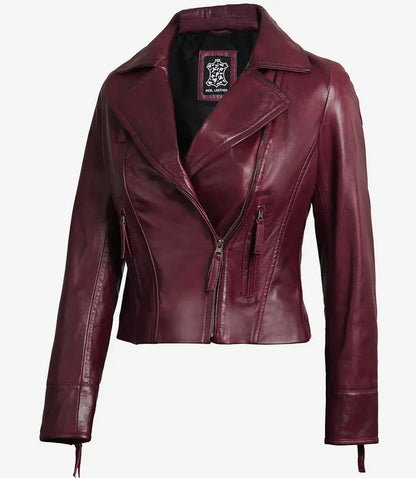 Moon Walker Fashions Women's Maroon Leather Moto Jacket