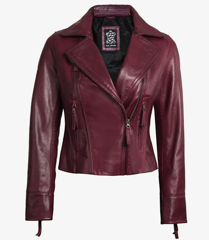 Moon Walker Fashions Women's Maroon Leather Moto Jacket