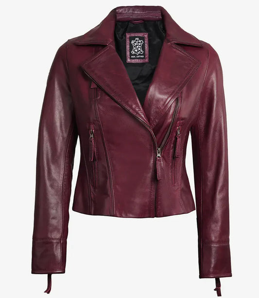 Moon Walker Fashions Women's Maroon Leather Moto Jacket