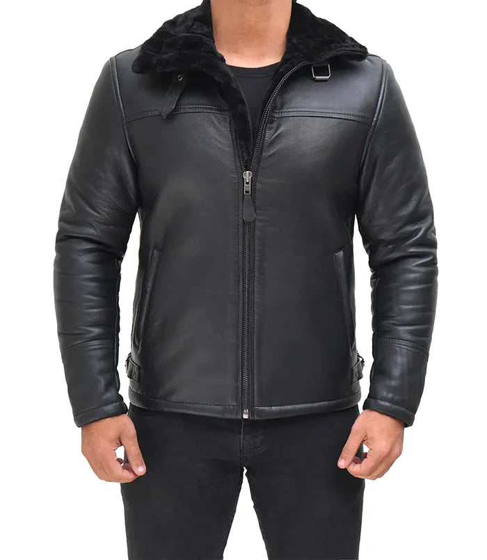 Moon Walker Fashions Mitchel Black Real Leather Men's Shearling Bomber Jacket