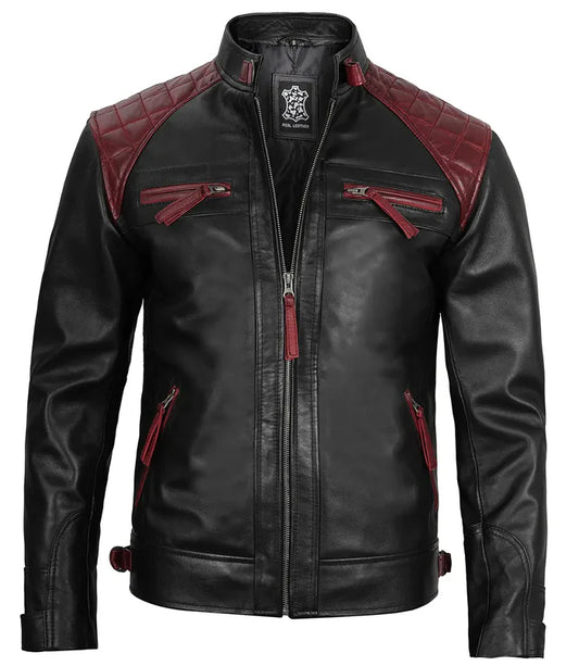 Moon Walker Fashions Rollins Men's Black and Maroon Quilted Café Racer Leather Jacket