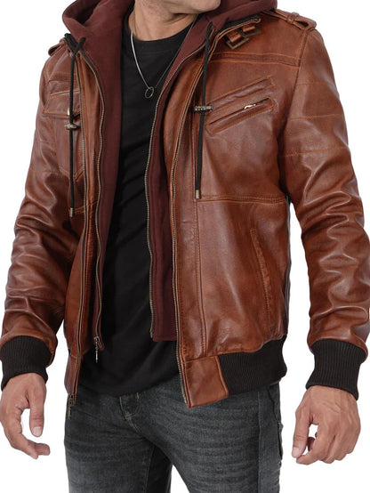 Moon Walker Fashions Edinburgh Men's Bomber Brown Leather Jacket With Removable Hooded