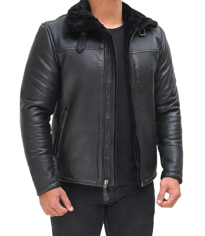 Moon Walker Fashions Mitchel Black Real Leather Men's Shearling Bomber Jacket