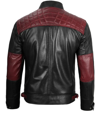 Moon Walker Fashions Rollins Men's Black and Maroon Quilted Café Racer Leather Jacket