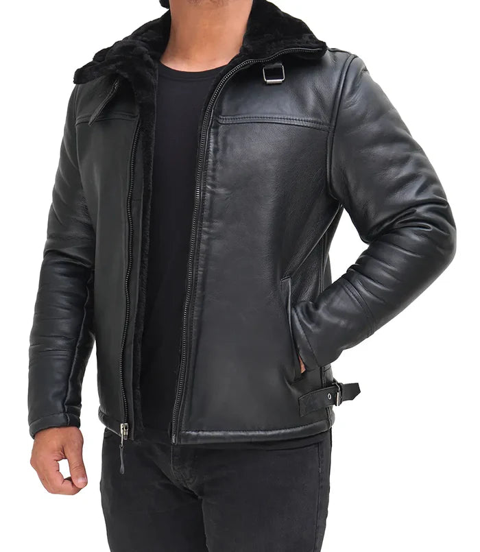 Moon Walker Fashions Mitchel Black Real Leather Men's Shearling Bomber Jacket