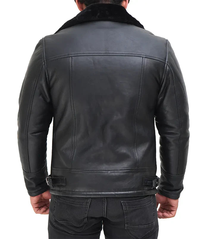 Moon Walker Fashions Mitchel Black Real Leather Men's Shearling Bomber Jacket