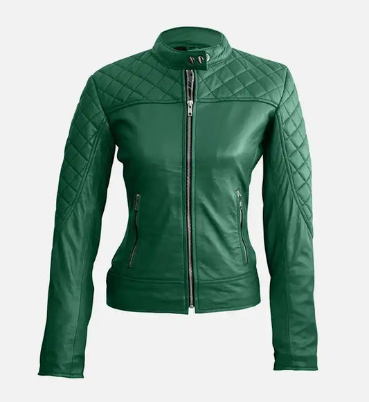 Moon Walker Fashions Women's Green Quilted Stylish Premium Leather Jacket