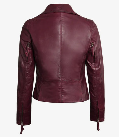 Moon Walker Fashions Women's Maroon Leather Moto Jacket