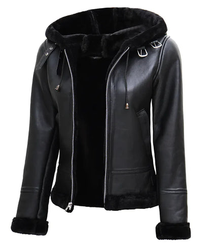 Moon Walker Fashions Women's Black Real Leather Hooded Shearling Jacket