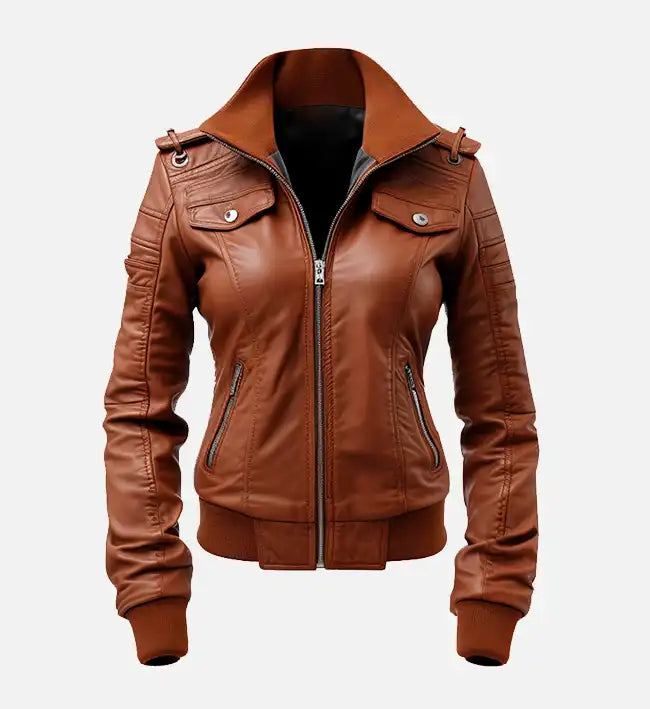 Moon Walker Fashions Women's Brown Leather Bomber Jacket