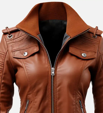 Moon Walker Fashions Women's Brown Leather Bomber Jacket