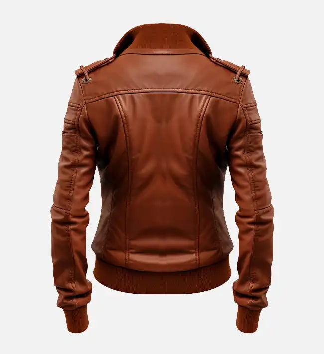 Moon Walker Fashions Women's Brown Leather Bomber Jacket