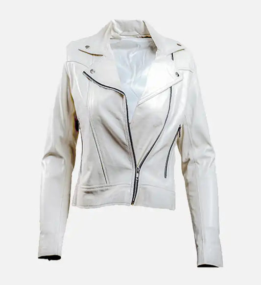 Moon Walker Fashions Women’s White Leather Biker Jacket