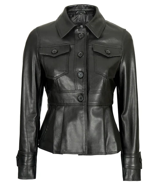 Moon Walker Fashions Women’s Short Body Black Peplum Leather Jacket